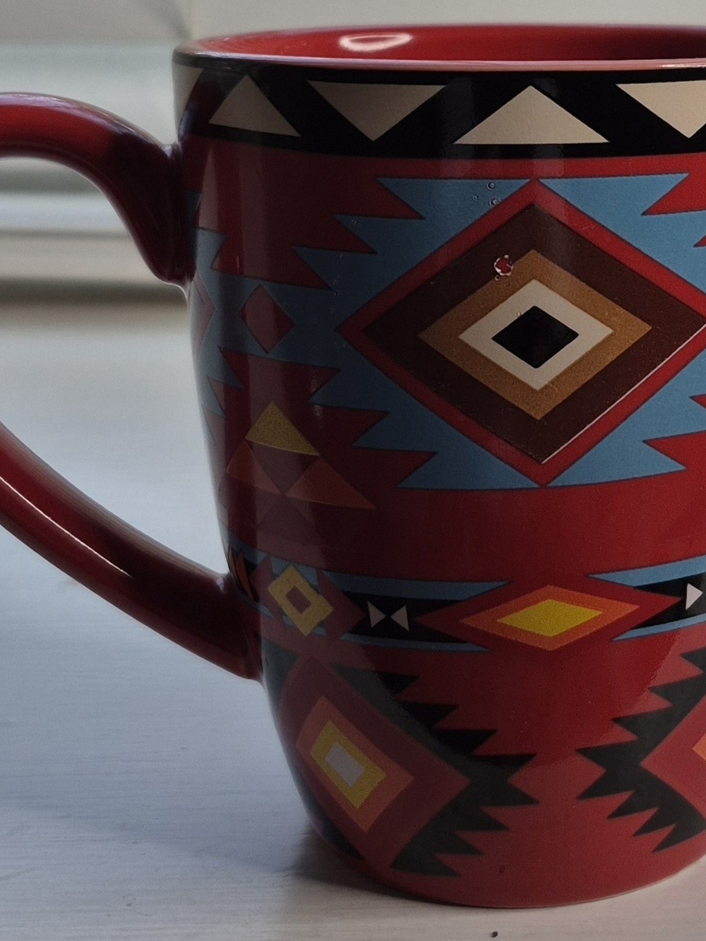 Black Geometric Aztec Pattern Ceramic Mug - Blue & Red Accent - Picture 5 of 11